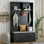 Porte-manteau avec banc à porte coulissante, coussin, poignée argentée, et armoire de rangement