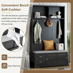 Porte-manteau avec banc à porte coulissante, coussin, poignée argentée, et armoire de rangement