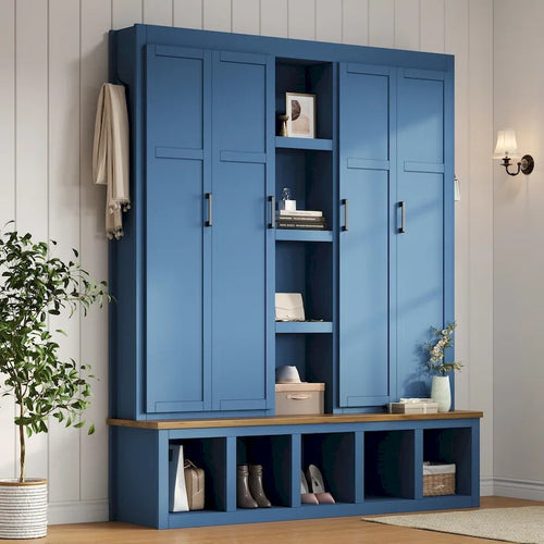 4-in-1 Hall Tree with 6 Hanging Hooks, Entryway Shoe Cabinet with Open Compartments, Wood Bench with Multiple Storage Space