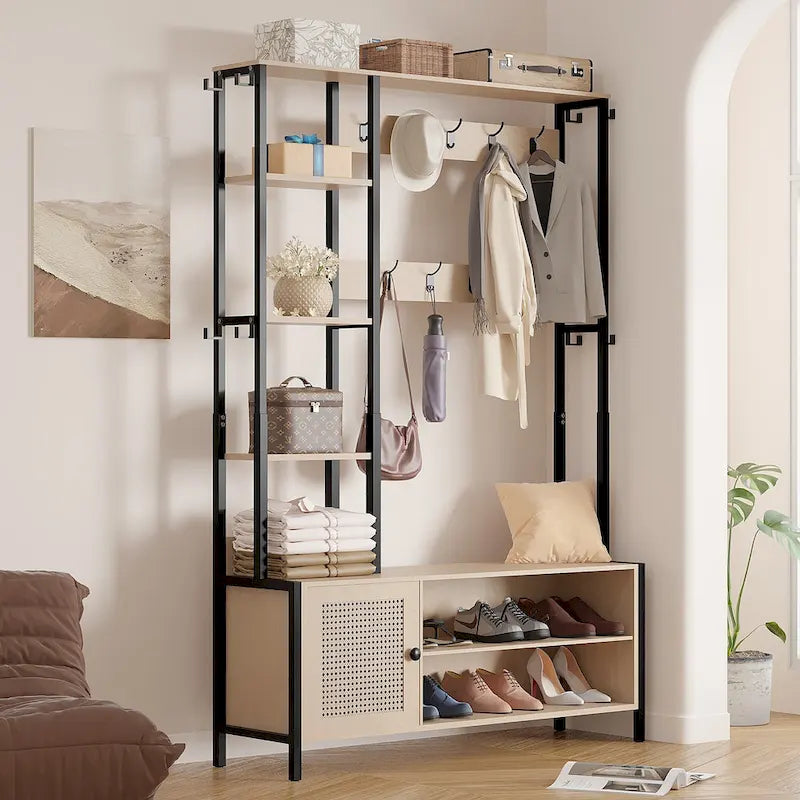 Meuble d'entrée avec porte-manteau, banc de rangement à chaussures, porte-manteau banc d'entrée 5-en-1 avec 9 crochets