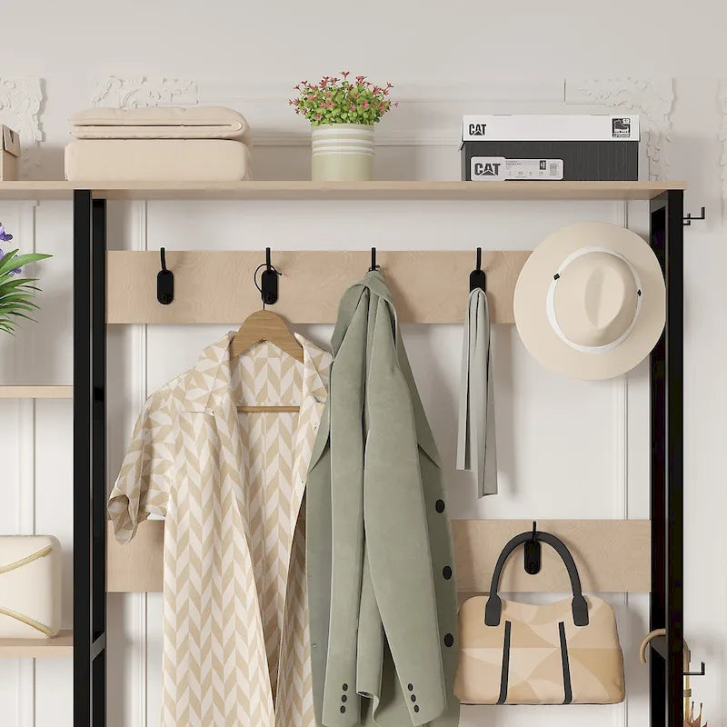 Meuble d'entrée avec porte-manteau, banc de rangement à chaussures, porte-manteau banc d'entrée 5-en-1 avec 9 crochets