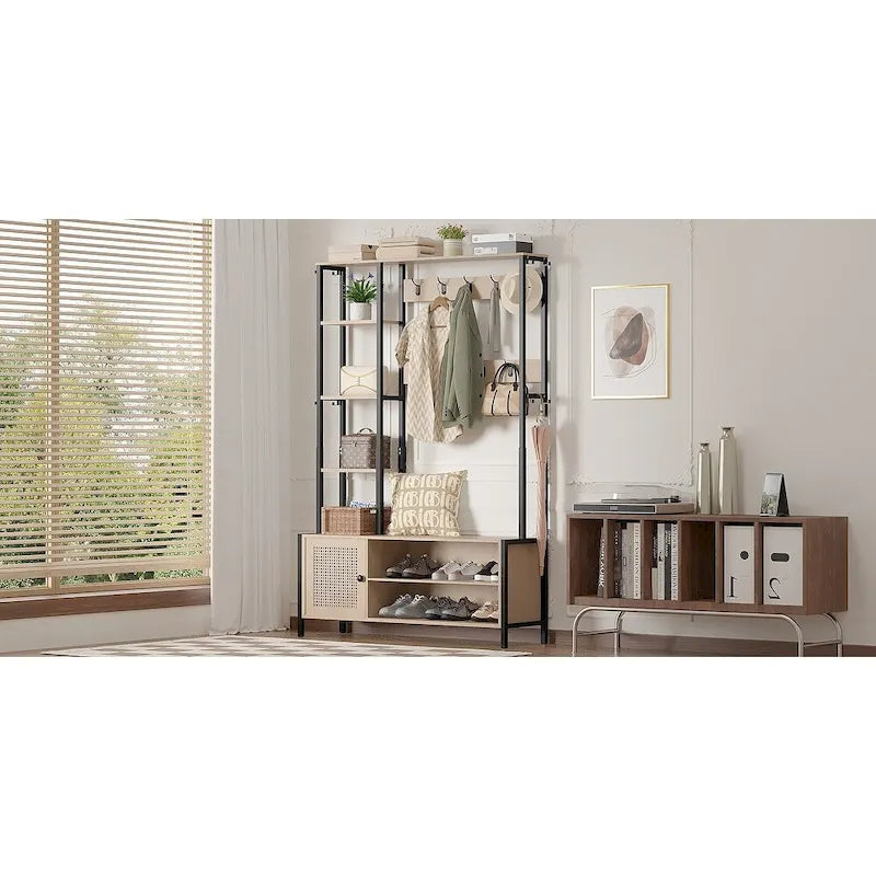 Meuble d'entrée avec porte-manteau, banc de rangement à chaussures, porte-manteau banc d'entrée 5-en-1 avec 9 crochets