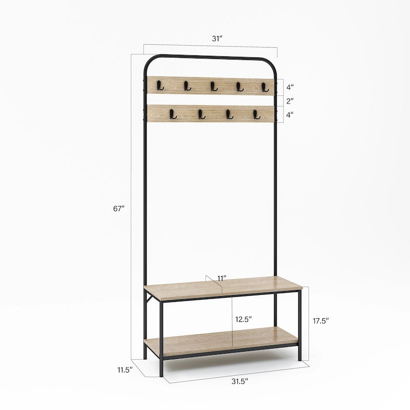 Portemanteau d'entrée couleur chêne de 32 po de large avec banc et rangement à chaussures - 31,5 x 11,5 x 67 po