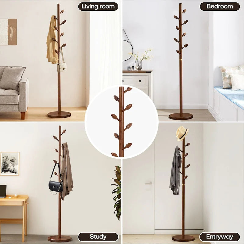 Porte-manteau sur pied en bois d'hévéa, porte-manteau avec 8 crochets en forme de bourgeon - 40 cm (diamètre) x 184 cm (hauteur)