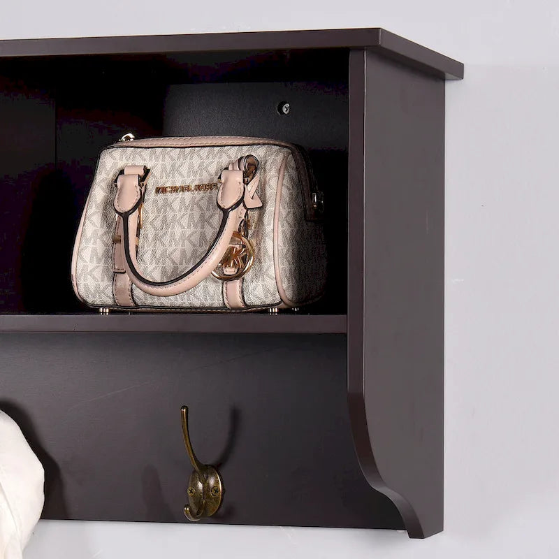 Porte-manteau mural avec 4 doubles crochets, étagère de rangement en bois pour petits espaces