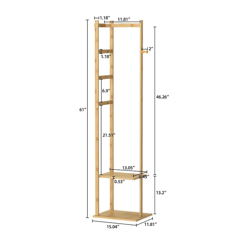 Porte-manteau autoportant de 15 po en bois massif avec rangement - Couleur bambou