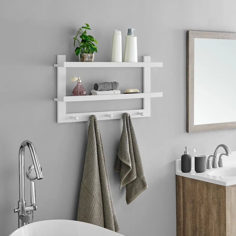 Étagère murale à 2 niveaux avec 5 crochets – Entrée ou salle de bain