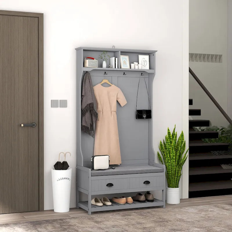 HOMCOM Coat Rack and Bench Hall Tree Organizer with 4 Hooks, 2 Drawers with Padded Seat Cushions for Entryway, Gray