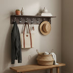 Coat Hooks with Shelf Wall-Mounted, Bamboo Hanging Shelf with 5 Double Metal Hooks