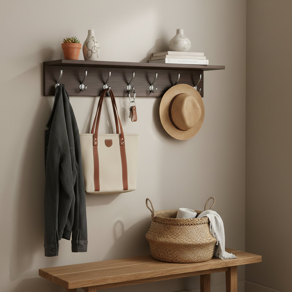 Coat Hooks with Shelf Wall-Mounted, Bamboo Hanging Shelf with 5 Double Metal Hooks