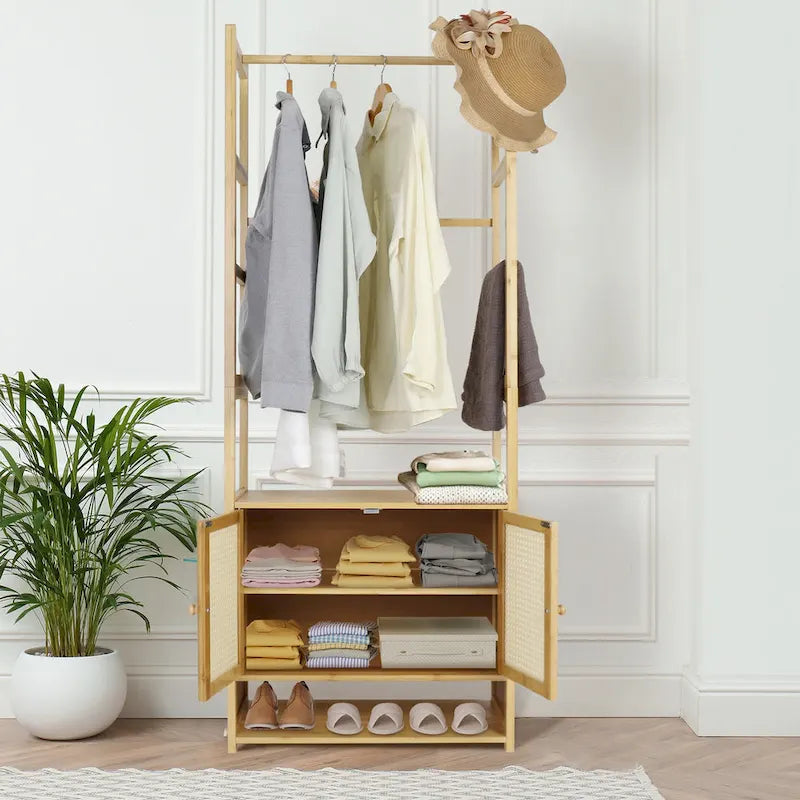 Portant à vêtements en bambou avec tringle de rangement autoportant - 21 x 13 x 66