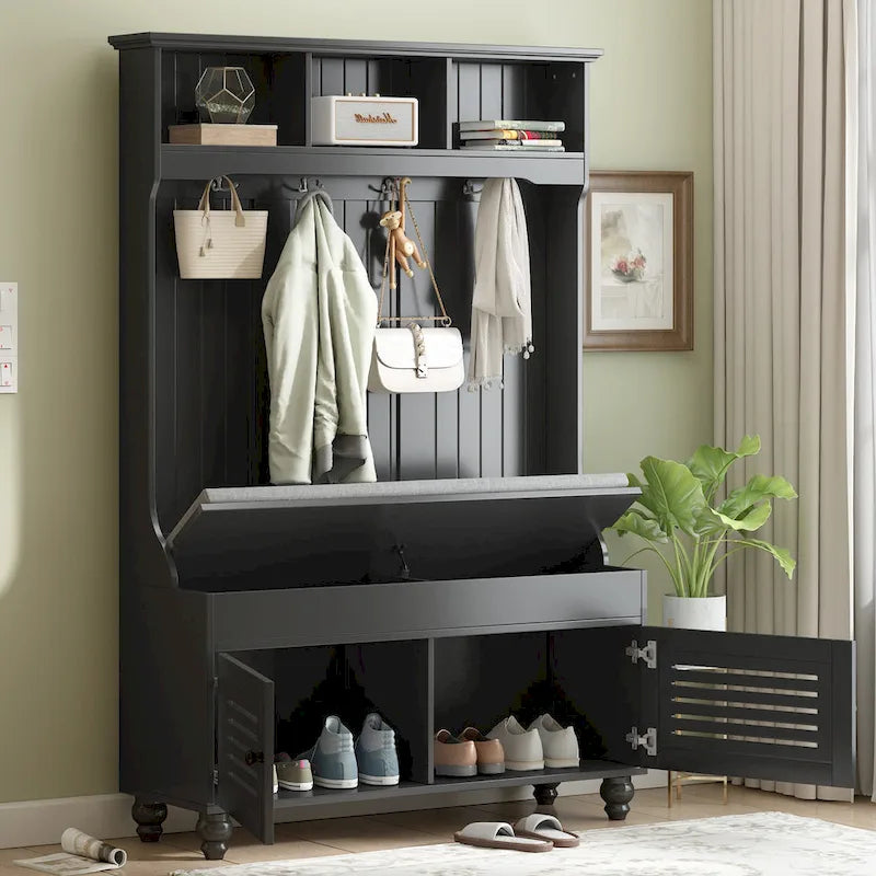 5-in-1 Entryway Bench with Shutter-shaped doors, Coat Rack, Cushion and 4 Sturdy Hooks, 47.2 Wide Hall Tree with Storage Bench