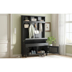 Banc d'entrée 5 en 1 avec portes persiennes, porte-manteau, coussin et 4 crochets robustes, meuble d'entrée de 120 cm de large avec banc de rangement
