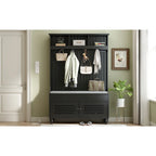 Banc d'entrée 5 en 1 avec portes persiennes, porte-manteau, coussin et 4 crochets robustes, meuble d'entrée de 120 cm de large avec banc de rangement