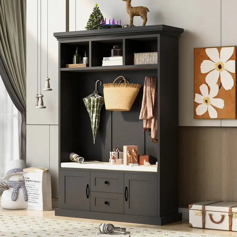 Meuble d'entrée 3-en-1 avec banc de rangement, 3 patères et coussin