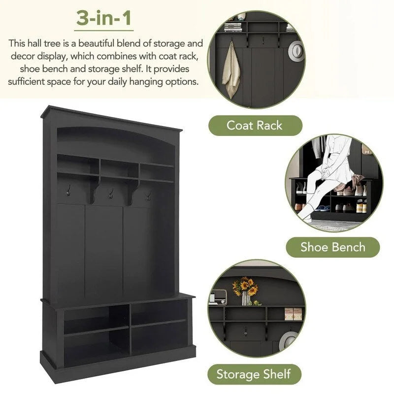 Meuble d'entrée multifonctionnel de 120 cm de large avec rangement à chaussures et 3 patères