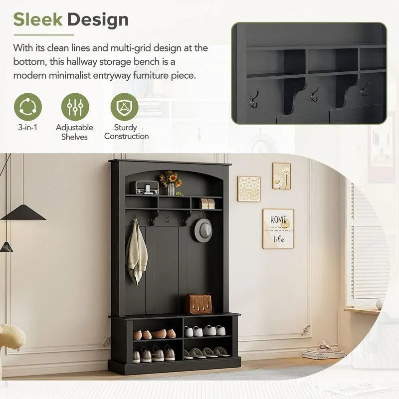 Meuble d'entrée multifonctionnel de 120 cm de large avec rangement à chaussures et 3 patères
