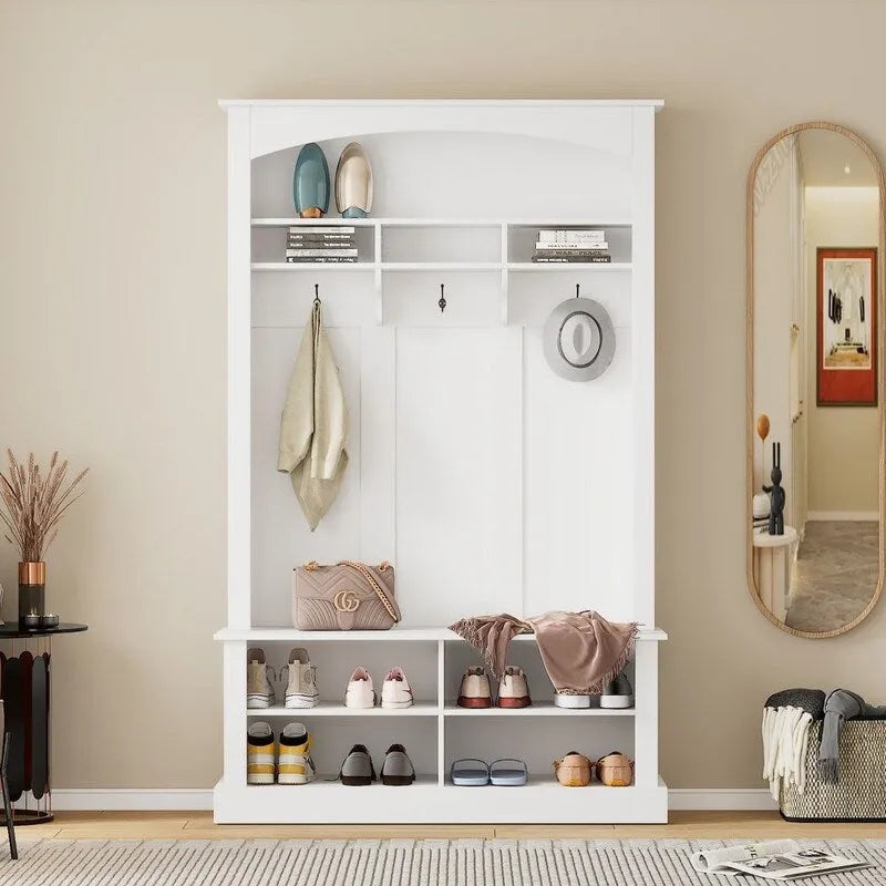 Meuble d'entrée multifonctionnel de 120 cm de large avec rangement à chaussures et 3 patères