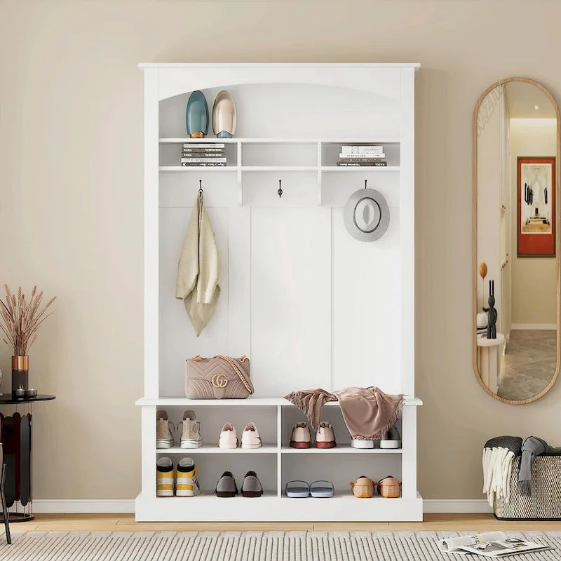 47.2 Arbre d'entrée large avec banc et rangement à chaussures : Multifonctionnel avec 3 crochets, rangement ouvert, étagères rectangulaires