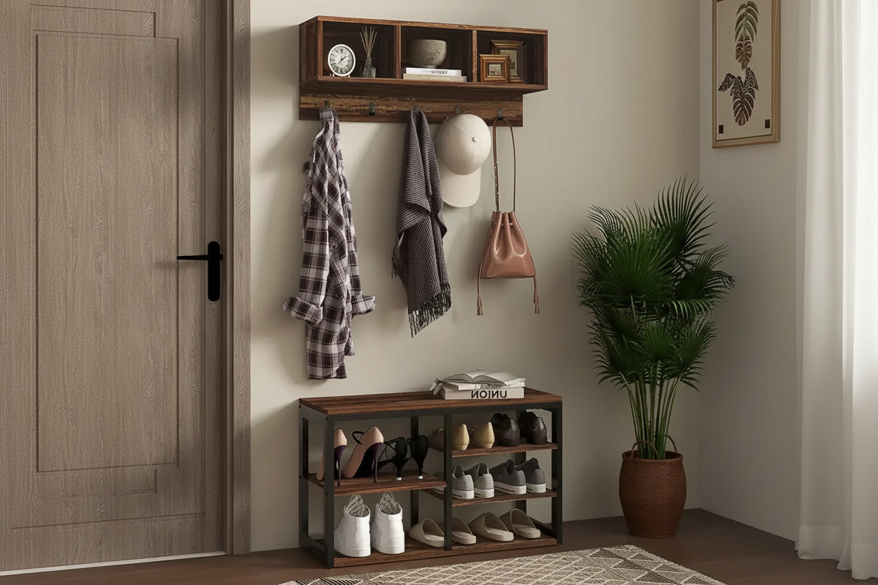 Banc à chaussures porte-manteau 2-en-1 avec 5 crochets