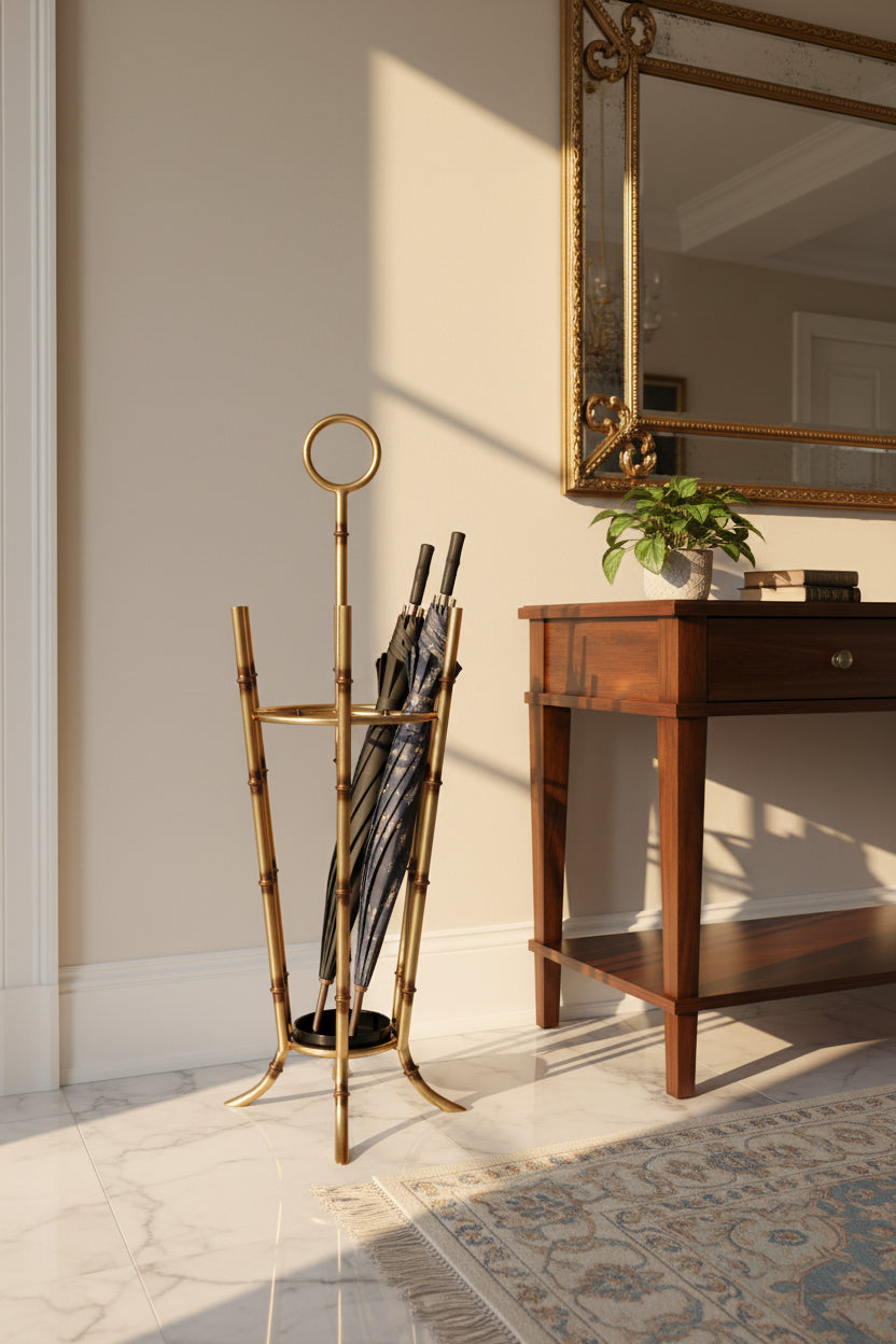 Antique Gold Iron Bamboo Umbrella Stand Angled - 12.5x12.5x35