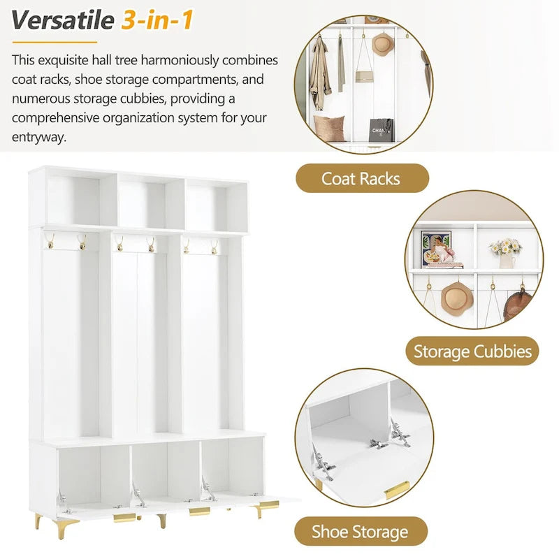 Meuble d'entrée avec banc de rangement, Banc de rangement multifonctionnel avec portes cannelées très brillantes, Portemanteau avec 6 crochets et pieds