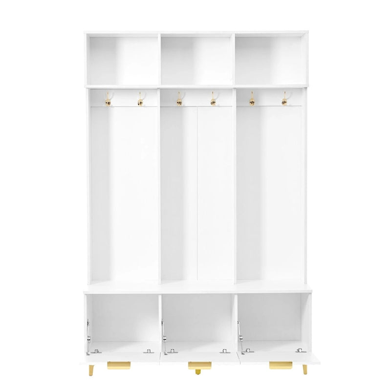 Meuble d'entrée avec banc de rangement, Banc de rangement multifonctionnel avec portes cannelées très brillantes, Portemanteau avec 6 crochets et pieds