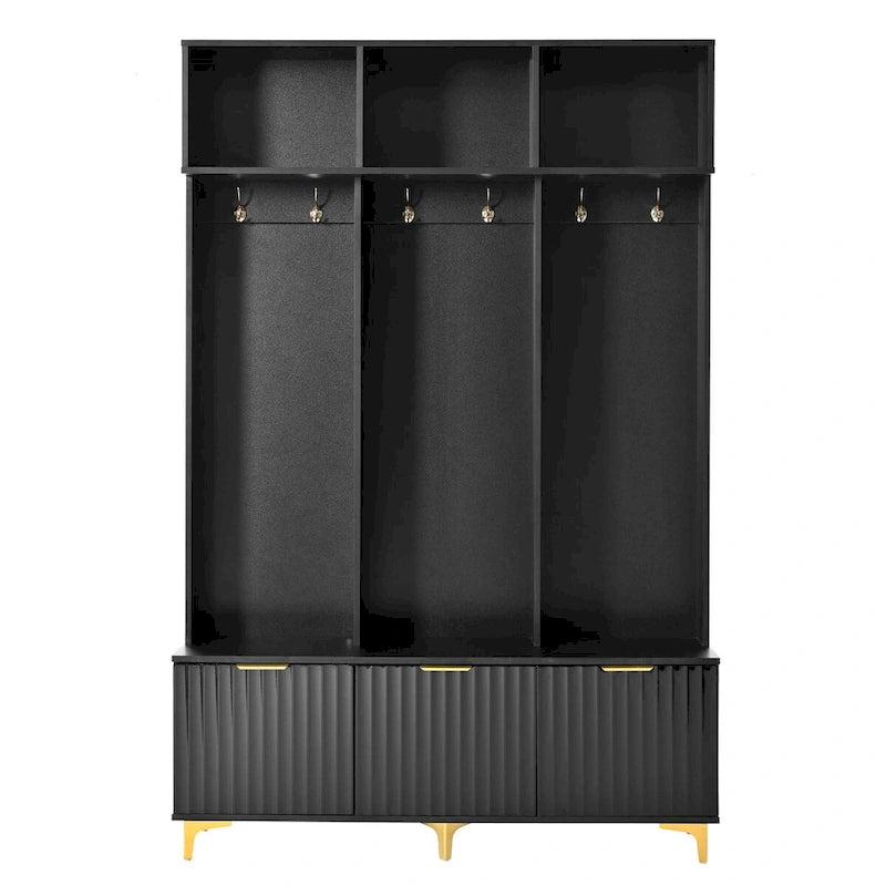 Meuble d'entrée avec banc de rangement, Banc de rangement multifonctionnel avec portes cannelées très brillantes, Portemanteau avec 6 crochets et pieds