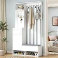 39,3Lx70,8H Meuble d'entrée avec banc de rangement rembourré, meuble à chaussures multifonctionnel pour couloir, panneau perforé, porte-manteau, 4 crochets