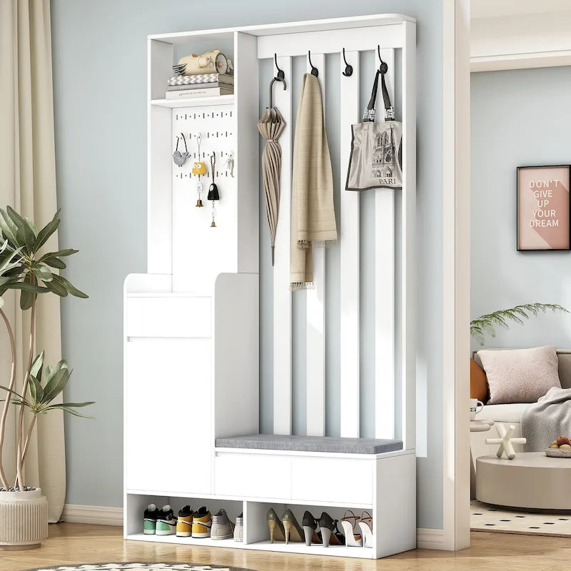 39,3Lx70,8H Meuble d'entrée avec banc de rangement rembourré, meuble à chaussures multifonctionnel pour couloir, panneau perforé, porte-manteau, 4 crochets