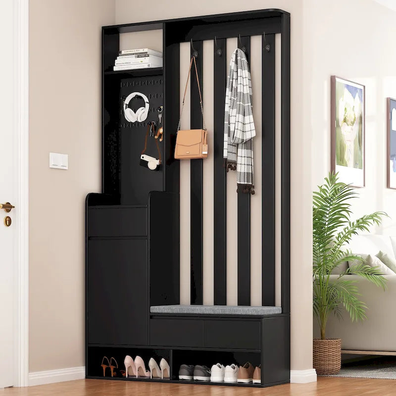 39,3Lx70,8H Meuble d'entrée avec banc de rangement rembourré, meuble à chaussures multifonctionnel pour couloir, panneau perforé, porte-manteau, 4 crochets