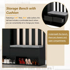 39,3Lx70,8H Meuble d'entrée avec banc de rangement rembourré, meuble à chaussures multifonctionnel pour couloir, panneau perforé, porte-manteau, 4 crochets