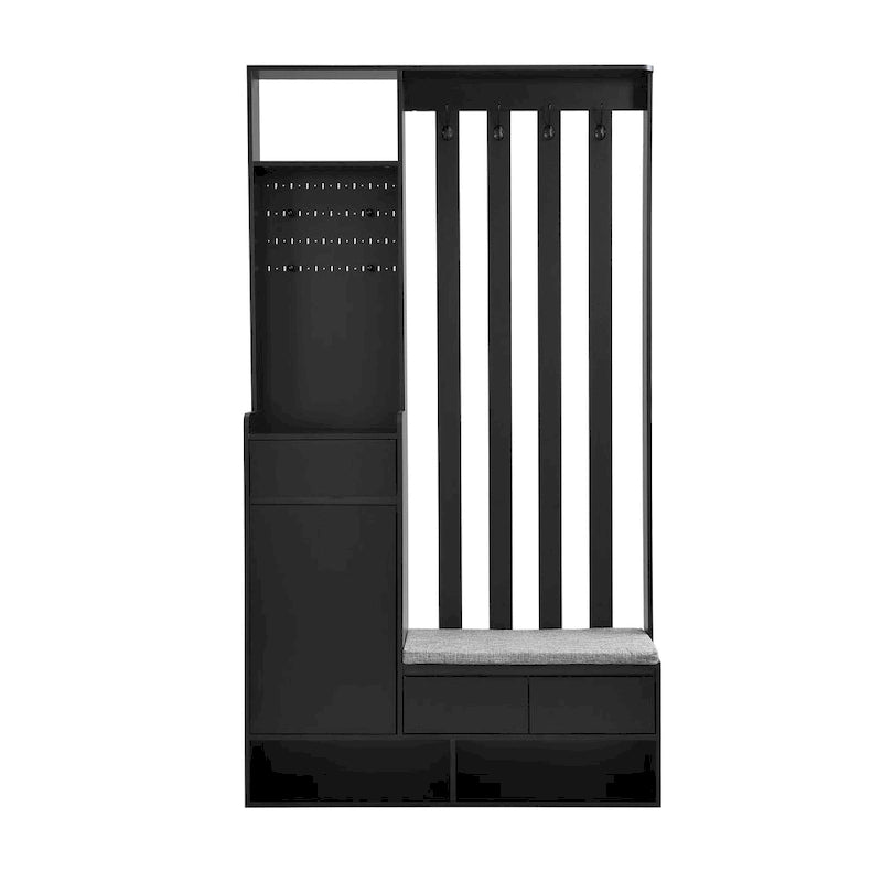 39,3Lx70,8H Meuble d'entrée avec banc de rangement rembourré, meuble à chaussures multifonctionnel pour couloir, panneau perforé, porte-manteau, 4 crochets