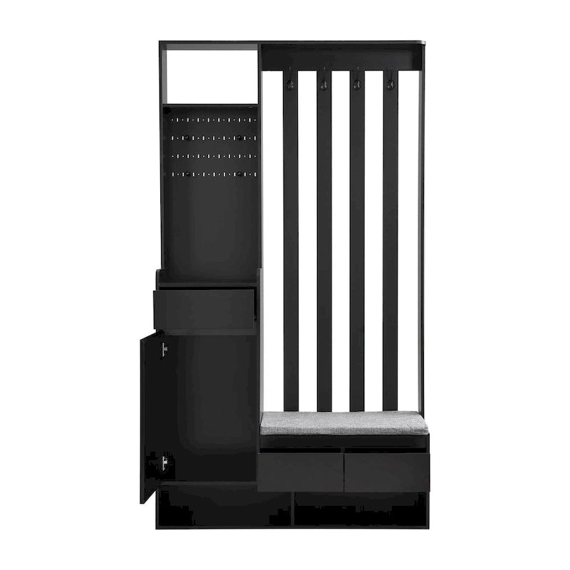 39,3Lx70,8H Meuble d'entrée avec banc de rangement rembourré, meuble à chaussures multifonctionnel pour couloir, panneau perforé, porte-manteau, 4 crochets