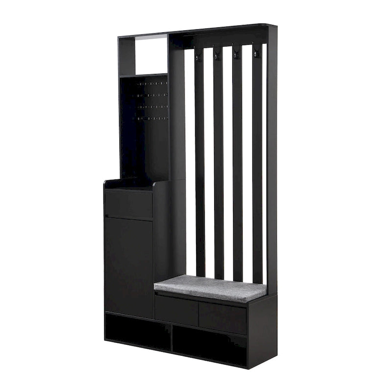 39,3Lx70,8H Meuble d'entrée avec banc de rangement rembourré, meuble à chaussures multifonctionnel pour couloir, panneau perforé, porte-manteau, 4 crochets