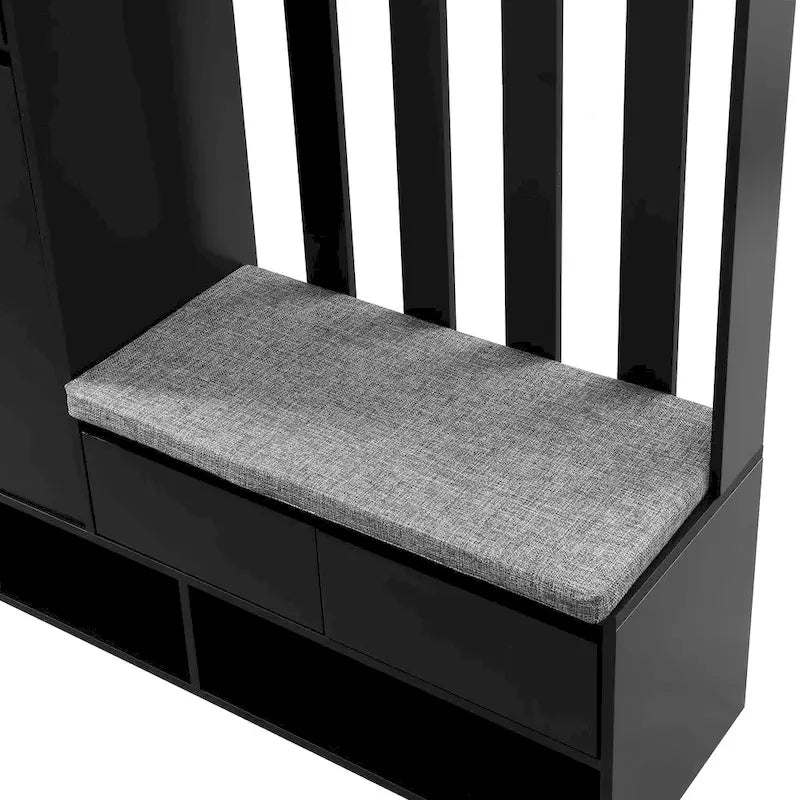 39,3Lx70,8H Meuble d'entrée avec banc de rangement rembourré, meuble à chaussures multifonctionnel pour couloir, panneau perforé, porte-manteau, 4 crochets