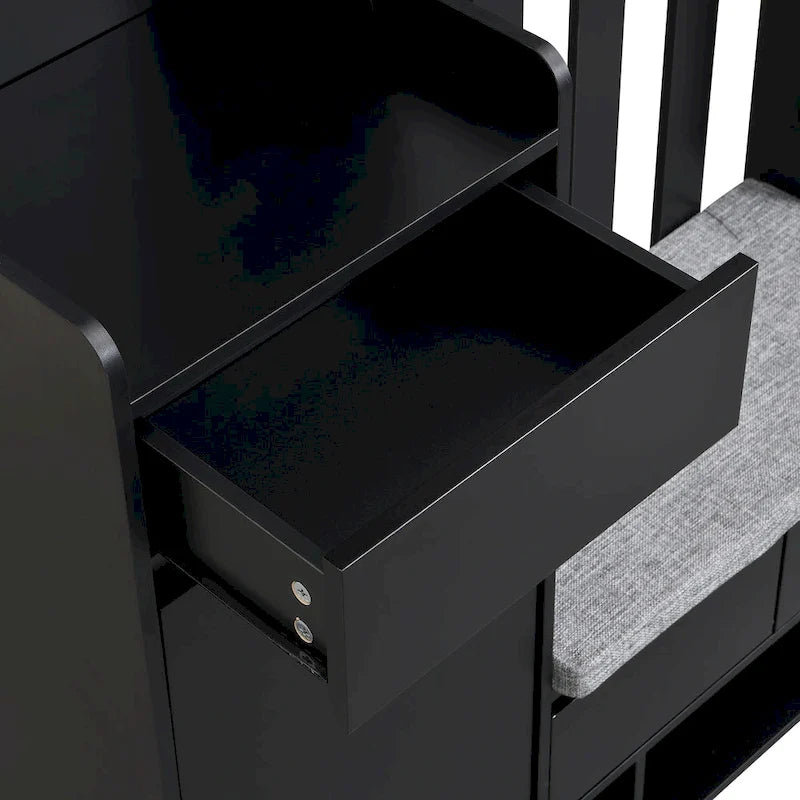 39,3Lx70,8H Meuble d'entrée avec banc de rangement rembourré, meuble à chaussures multifonctionnel pour couloir, panneau perforé, porte-manteau, 4 crochets