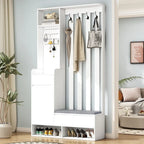 39,3Lx70,8H Meuble d'entrée avec banc de rangement rembourré, meuble à chaussures multifonctionnel pour couloir, panneau perforé, porte-manteau, 4 crochets