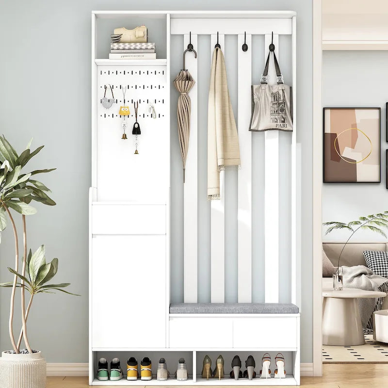 39,3Lx70,8H Meuble d'entrée avec banc de rangement rembourré, meuble à chaussures multifonctionnel pour couloir, panneau perforé, porte-manteau, 4 crochets