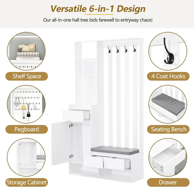 39,3Lx70,8H Meuble d'entrée avec banc de rangement rembourré, meuble à chaussures multifonctionnel pour couloir, panneau perforé, porte-manteau, 4 crochets