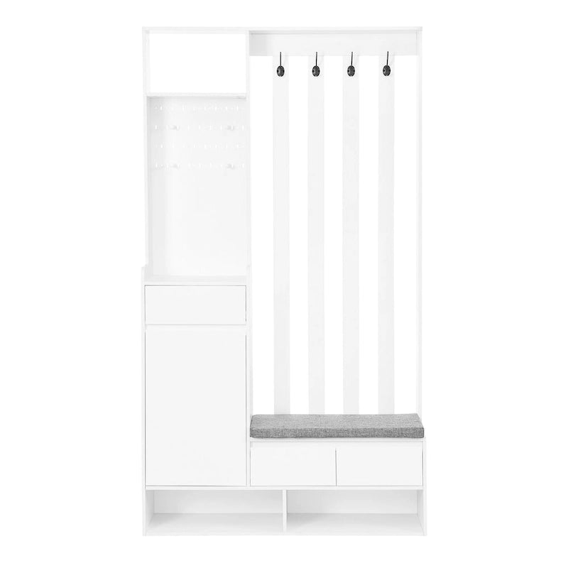 39,3Lx70,8H Meuble d'entrée avec banc de rangement rembourré, meuble à chaussures multifonctionnel pour couloir, panneau perforé, porte-manteau, 4 crochets