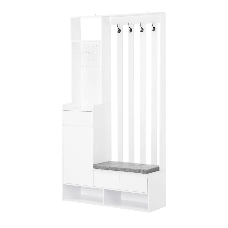 39,3Lx70,8H Meuble d'entrée avec banc de rangement rembourré, meuble à chaussures multifonctionnel pour couloir, panneau perforé, porte-manteau, 4 crochets