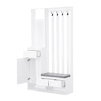 39,3Lx70,8H Meuble d'entrée avec banc de rangement rembourré, meuble à chaussures multifonctionnel pour couloir, panneau perforé, porte-manteau, 4 crochets