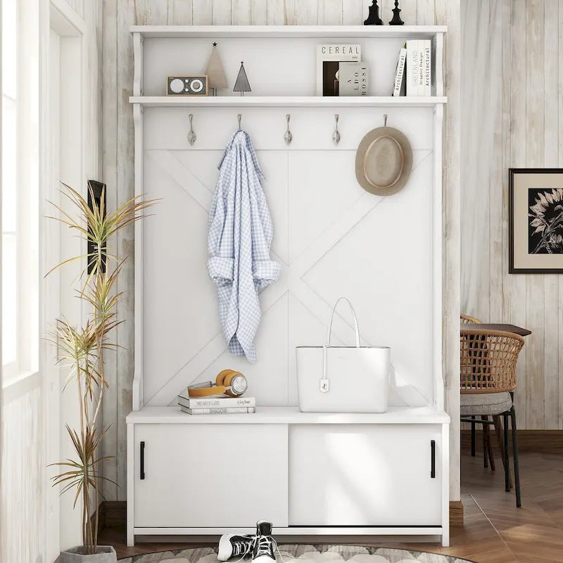 Meuble d'entrée avec étagère supérieure et banc de rangement, Armoire à chaussures de couloir avec portes coulissantes, Porte-manteau avec 5 crochets de suspension