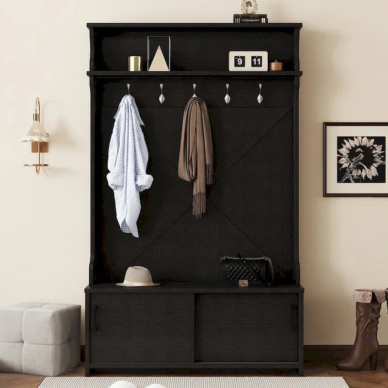 Meuble d'entrée avec étagère supérieure et banc de rangement, Armoire à chaussures de couloir avec portes coulissantes, Porte-manteau avec 5 crochets de suspension