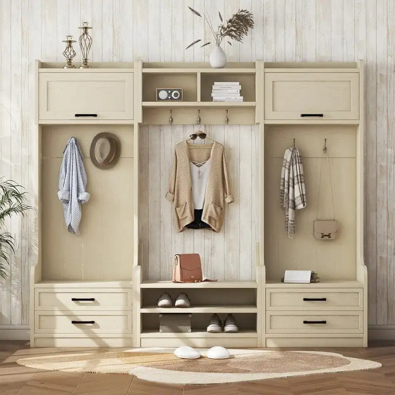 Portemanteau d'entrée détachable 4-en-1 avec armoires de rangement et patères, porte-manteau multifonctionnel avec tiroirs et banc à chaussures