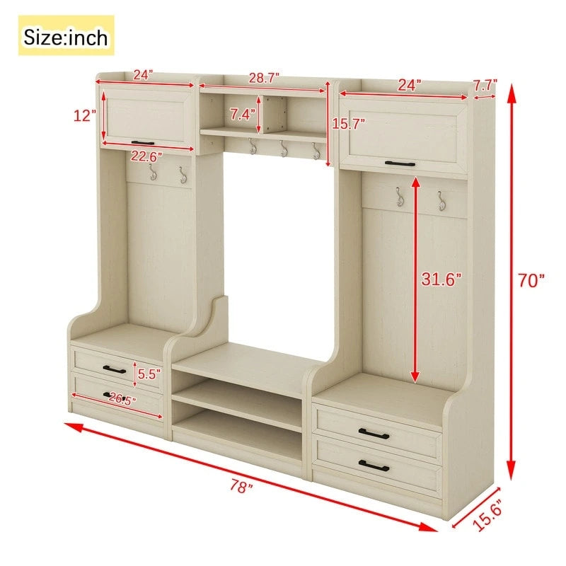 Portemanteau d'entrée détachable 4-en-1 avec armoires de rangement et patères, porte-manteau multifonctionnel avec tiroirs et banc à chaussures