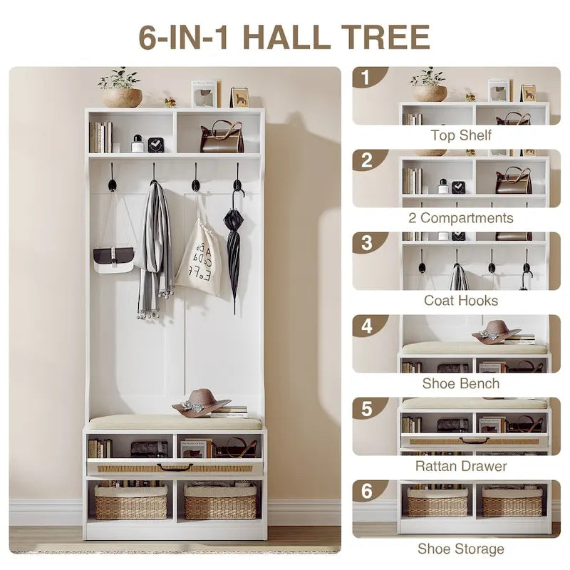 67 Meuble d'entrée 3-en-1 avec banc à chaussures, porte-manteau, 4 patères et 6 compartiments pour entrée