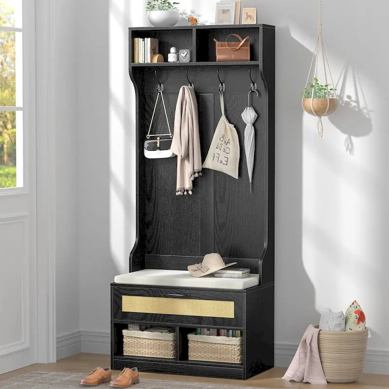 67 Meuble d'entrée 3-en-1 avec banc à chaussures, porte-manteau, 4 patères et 6 compartiments pour entrée