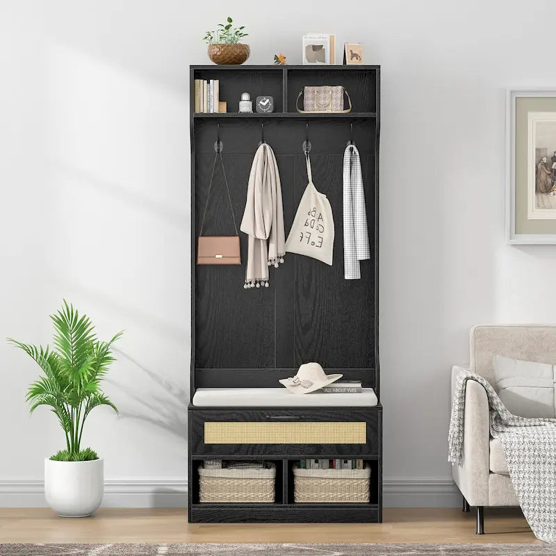 67 Meuble d'entrée 3-en-1 avec banc à chaussures, porte-manteau, 4 patères et 6 compartiments pour entrée